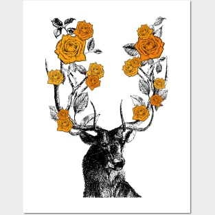 Stag and Roses | Stag and Flowers | Orange Roses | Posters and Art